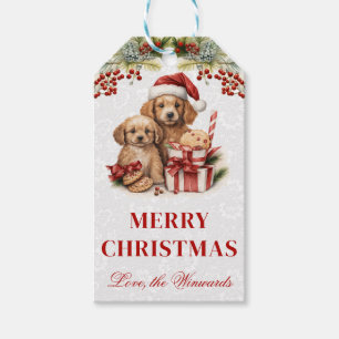 Watercolor Retriever Puppies and Wreath Christmas Gift Tags