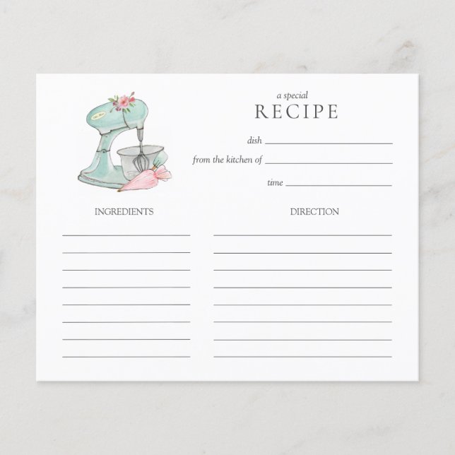 Watercolor Retro Cake mixer  baking Recipe card (Front)