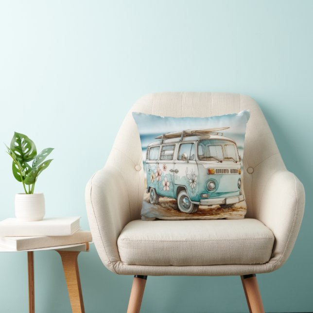 Watercolor Retro Campervan With Surfboard Cushion (Chair)