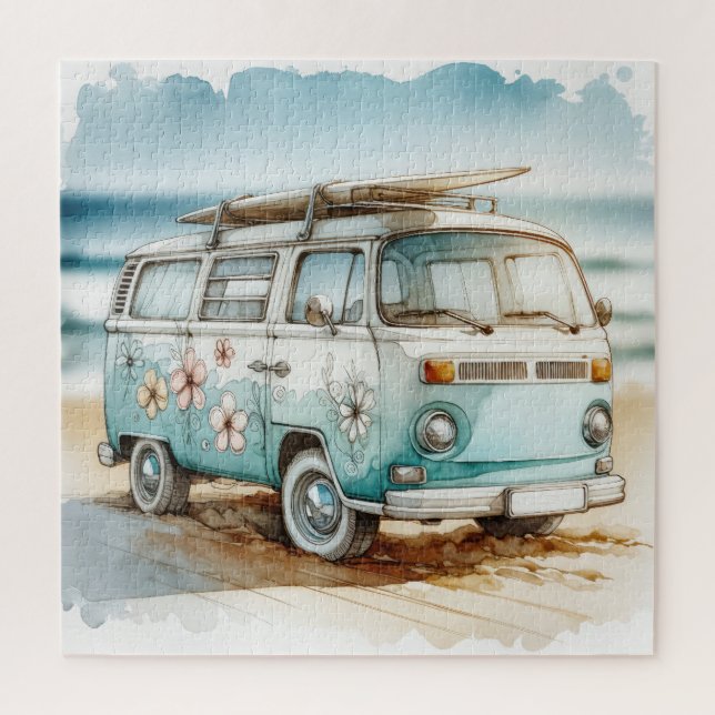Watercolor Retro Campervan With Surfboard Jigsaw Puzzle (Vertical)
