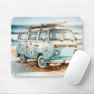 Watercolor Retro Campervan With Surfboard Mouse Pad
