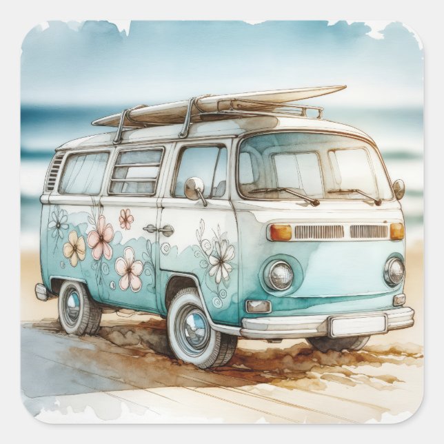 Watercolor Retro Campervan With Surfboard Square Sticker (Front)