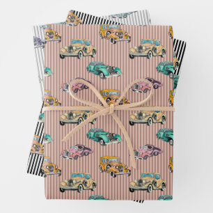 Watercolor Retro Cars Pattern Wrapping Paper Sheet