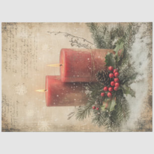 Watercolor retro Christmas red candles holly berry Tissue Paper
