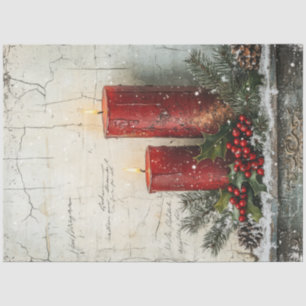 Watercolor retro Christmas red candles holly berry Tissue Paper