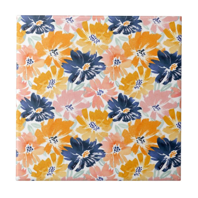 Watercolor Retro Floral Pattern Ceramic Tile (Front)
