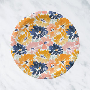 Watercolor Retro Floral Pattern Paper Plate