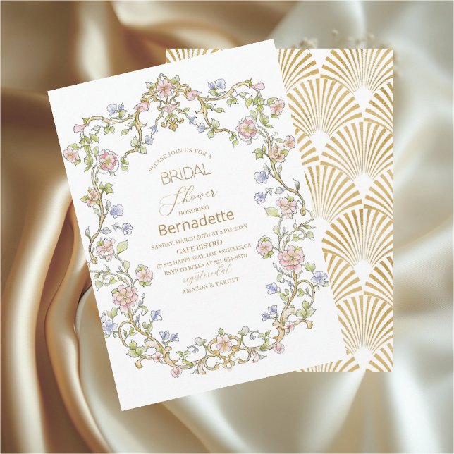  Watercolor retro flowers  gold  Bridal Shower Invitation (Creator Uploaded)