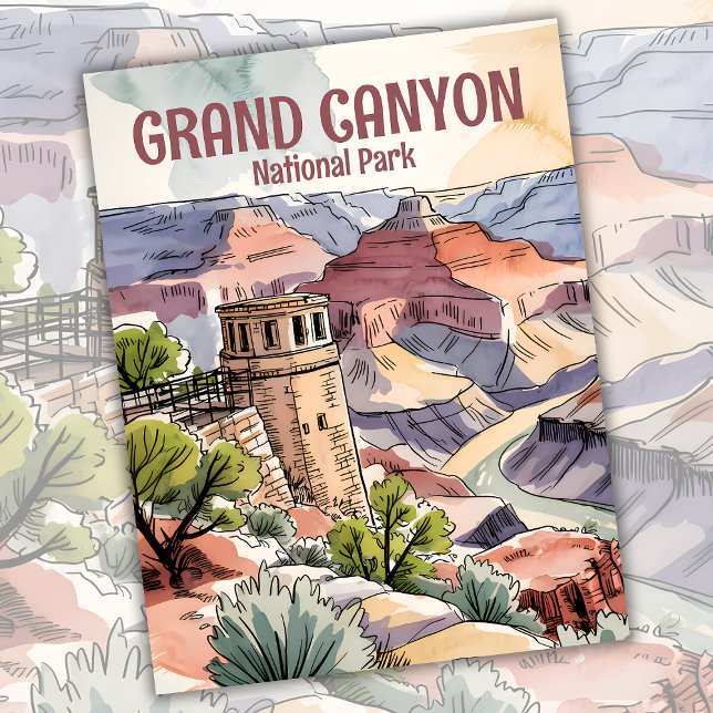 Watercolor Retro Grand Canyon Desert Watchtower Postcard (Watercolor Retro Grand Canyon Desert Watchtower Postcard)