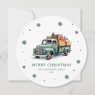 Watercolor Retro Green Truck Merry Christmas Card
