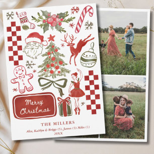 Watercolor Retro Illustrated Green & Red 3 Photo Holiday Card