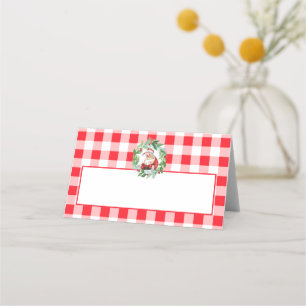 Watercolor Retro Santa Red Check Christmas Place Card