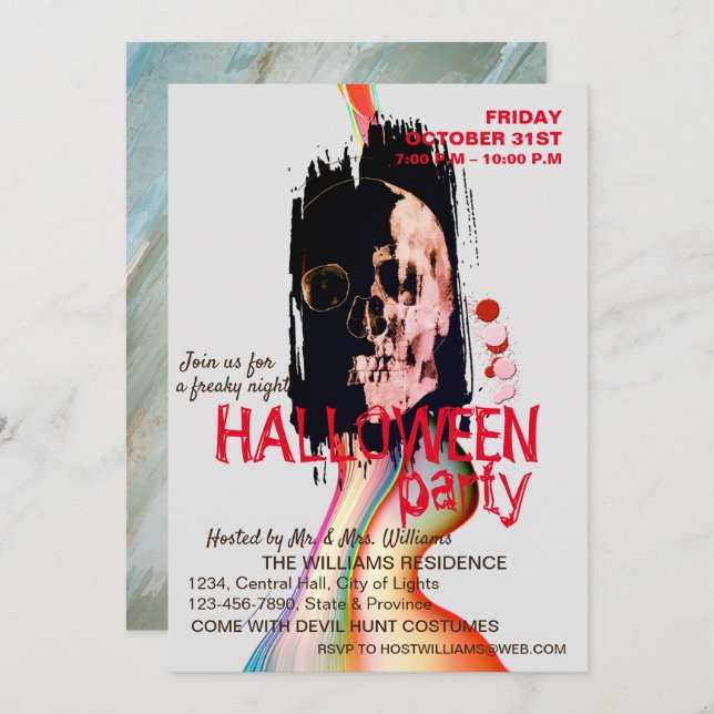 Watercolor Retro Skull Skeleton Halloween Art Invitation (Front/Back)