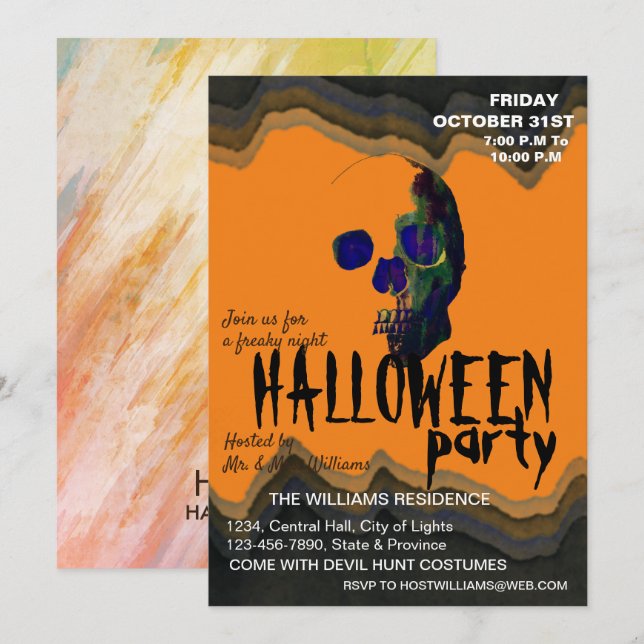 Watercolor Retro Skull Skeleton Halloween Art Invitation (Front/Back)