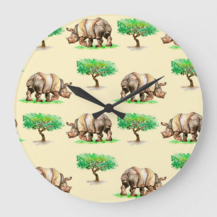 Watercolor Rhino: Hand Painted Pattern. Large Clock