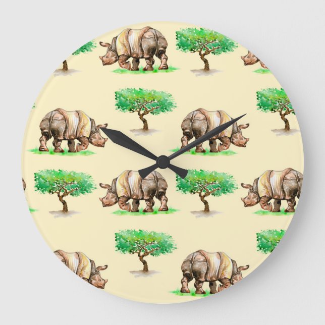 Watercolor Rhino: Hand Painted Pattern. Large Clock (Front)