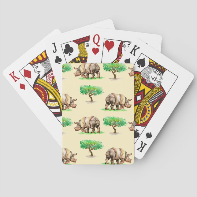 Watercolor Rhino: Hand Painted Pattern. Playing Cards (Back)