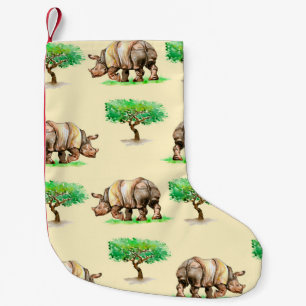 Watercolor Rhino: Hand Painted Pattern. Small Christmas Stocking