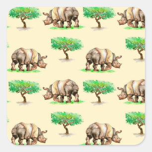 Watercolor Rhino: Hand Painted Pattern. Square Sticker