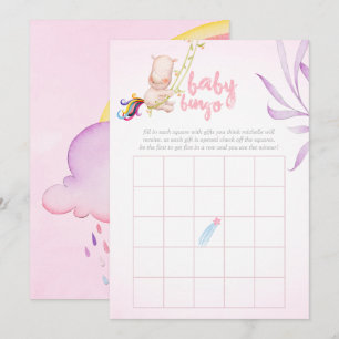 Watercolor Rhino Unicorn Baby Girl Shower Bingo Invitation