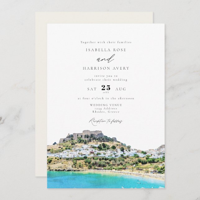 Watercolor Rhodes Greece Beach Skyline Wedding Invitation (Front/Back)