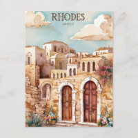 Watercolor Rhodes Greece Travel Poster  Mediterra