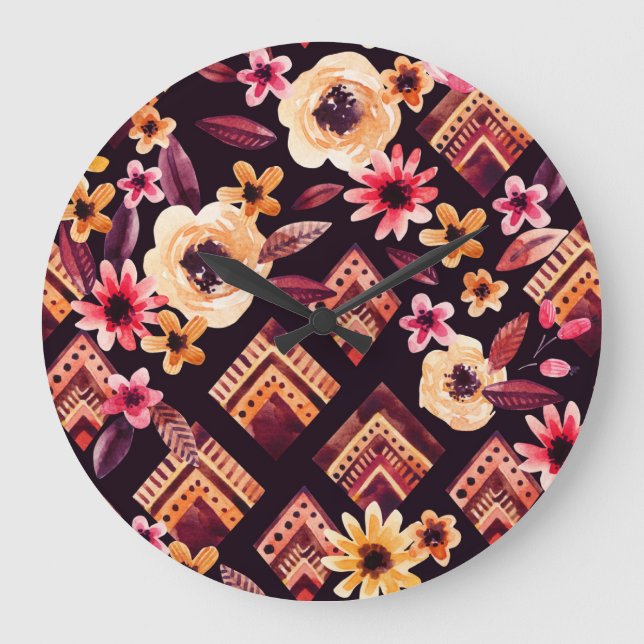 Watercolor rhombus: floral geometric pattern. large clock (Front)