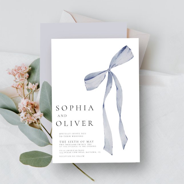 Watercolor Ribbon Bow Dusty Blue Wedding Invitation (Creator Uploaded)