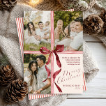 Watercolor Ribbon Bow Modern 3 Photo Christmas Holiday Card<br><div class="desc">Merry Christmas! Send a simple message of glad tidings with this elegant watercolor bow 3 photo holiday card, featuring classic burgundy red flowy bow with red and ivory striped ribbon frame to showcase your three favourite photos with script and simple lettering on the front, and soft red watercolor stripes over...</div>