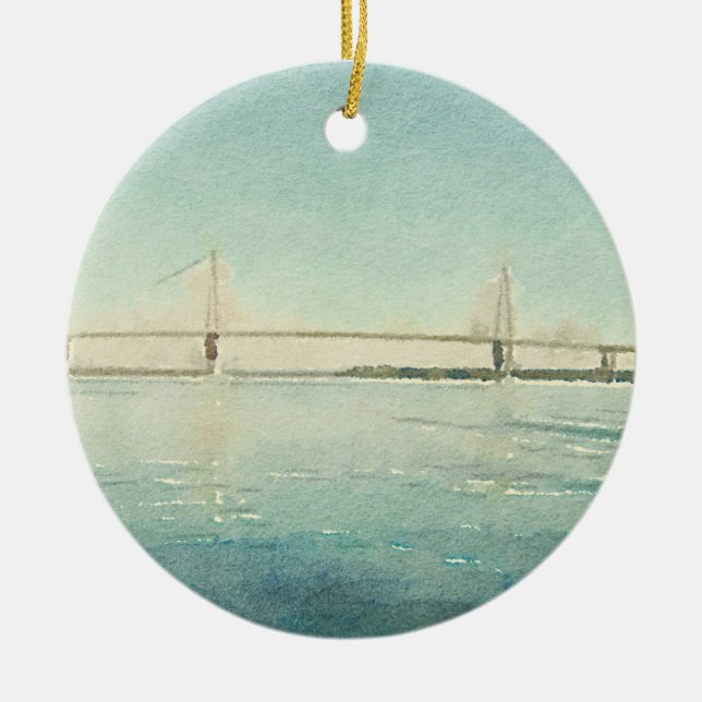 Watercolor River Bridge Charleston South Carolina Ceramic Ornament (Front)