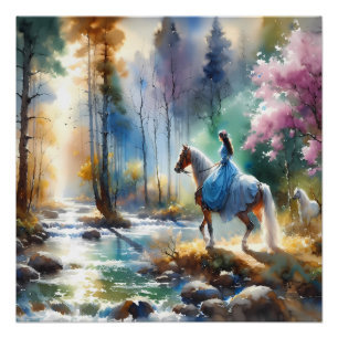 Watercolor River Horsewoman Forest Light Poster