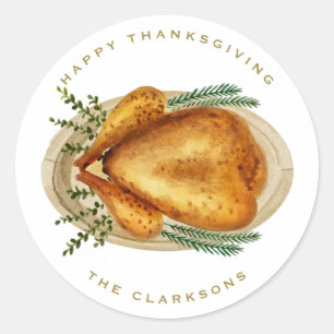 Watercolor Roasted Turkey Dinner Thanksgiving Classic Round Sticker