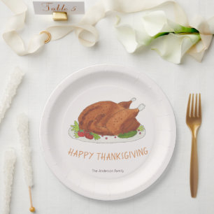 Watercolor Roasted Turkey Thanksgiving Paper Plate