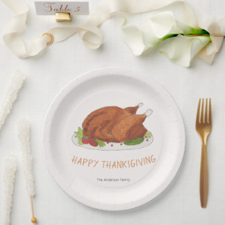 Watercolor Roasted Turkey Thanksgiving Paper Plate
