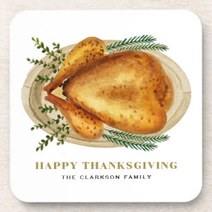 Watercolor Roasted Turkey Thanksgiving Party Coaster