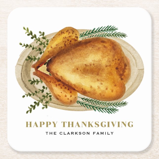 Watercolor Roasted Turkey Thanksgiving Party Square Paper Coaster (Front)