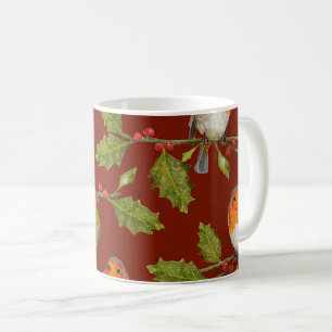 Watercolor Robin Bird on Holly Branch Throw Pillow Coffee Mug