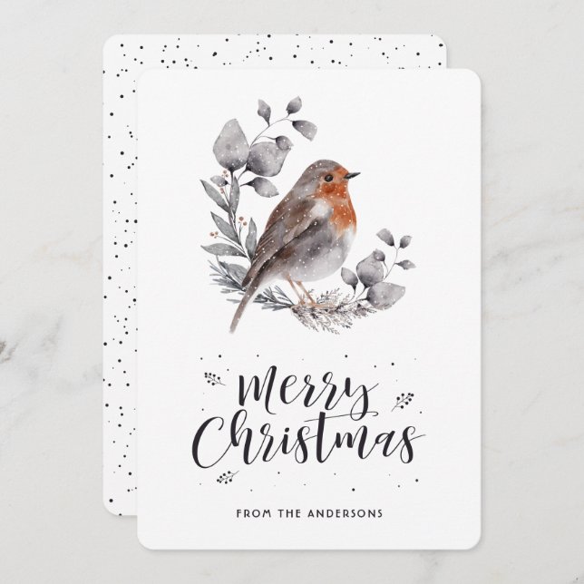 Watercolor Robin Bird Wreath Merry Christmas Card (Front/Back)