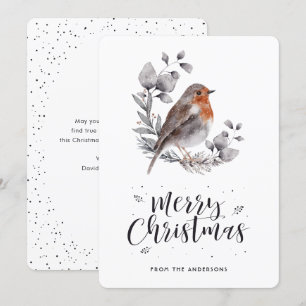 Watercolor Robin Bird Wreath Merry Christmas Card