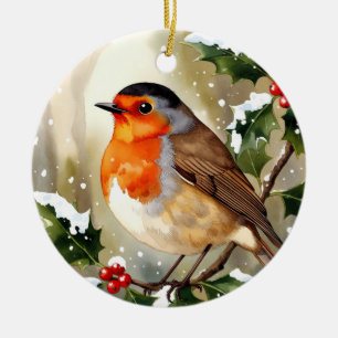 Watercolor Robin Christmas Ceramic Ornament
