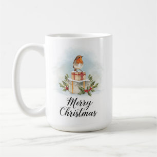 Watercolor Robin Gifts Holly Merry Christmas Coffee Mug