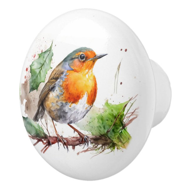 Watercolor Robin On A Branch Ceramic Knob (Right)