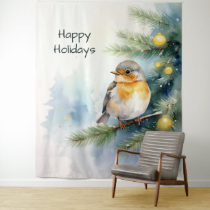 Watercolor Robin on a Pine Branch Holiday Backdrop Tapestry