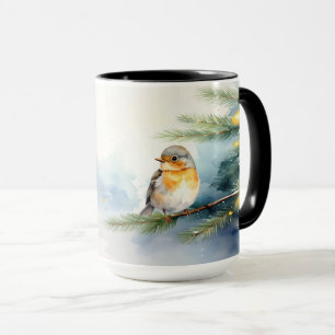 Watercolor Robin on a Pine Branch Holiday Mug
