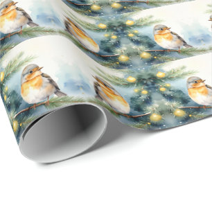 Watercolor Robin on a Pine Branch Holiday Wrapping Paper
