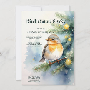 Watercolor Robin on a Pine Branch Party Invitation