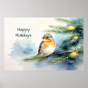 Watercolor Robin on a Pine Branch Poster