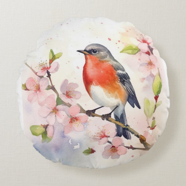 Watercolor Robin on Spring Cherry Blossom Branch Round Cushion (Front)