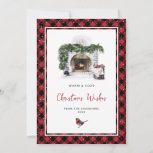 Watercolor Robin Red Plaid Snow Christmas Wishes Holiday Card