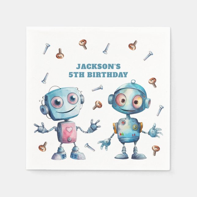 Watercolor Robot Birthday Napkin (Front)